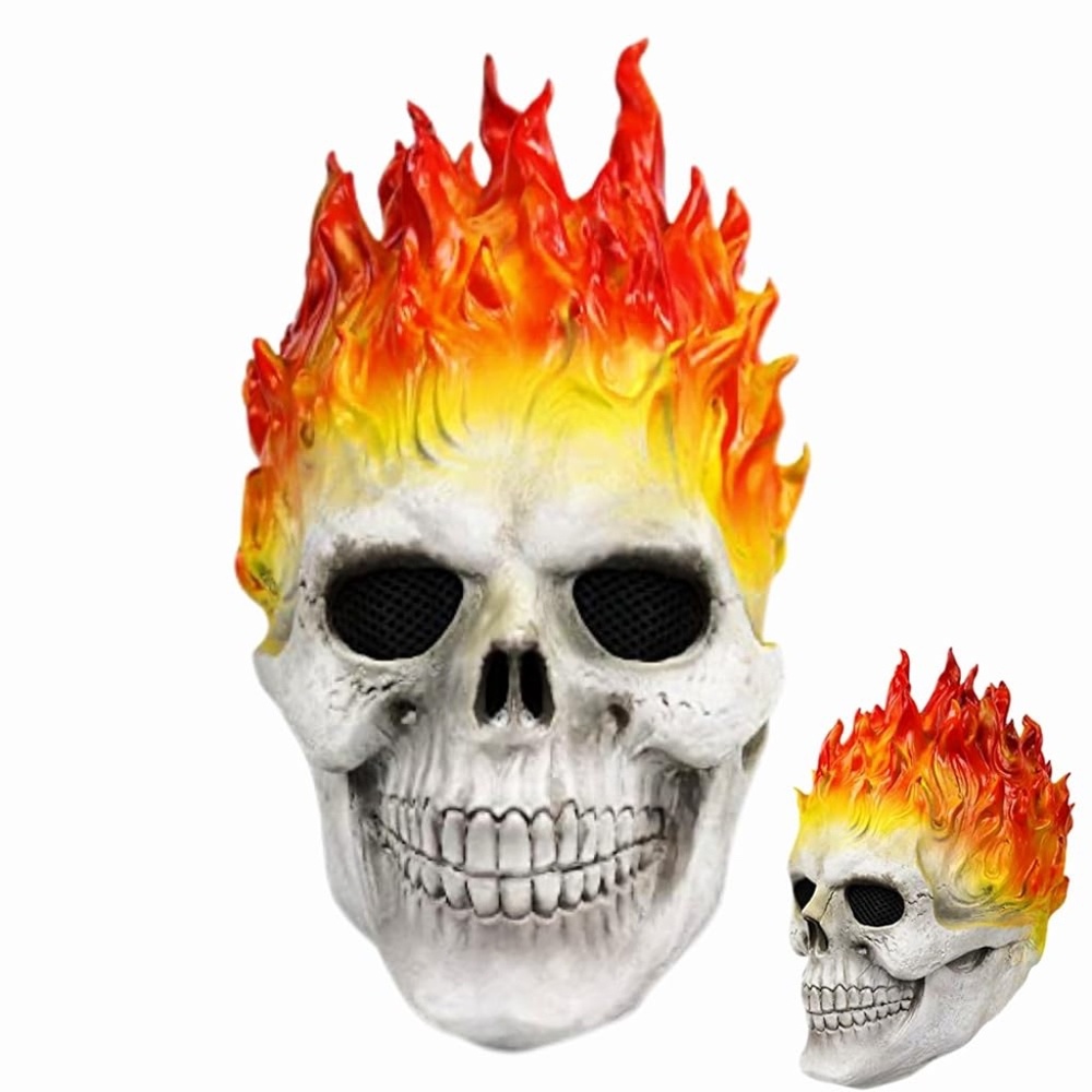 NWOT Halloween Rider Mask Skull Horror Skeleton Latex Full Head with Fire Hair